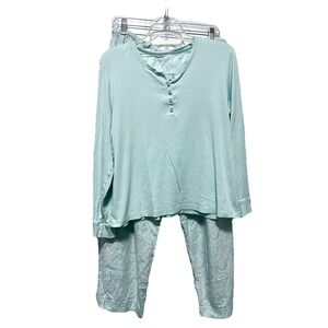 LL Bean Cozy PJ Set Paisley Flannel Pants Cotton Knit Top Large Pajamas Blue